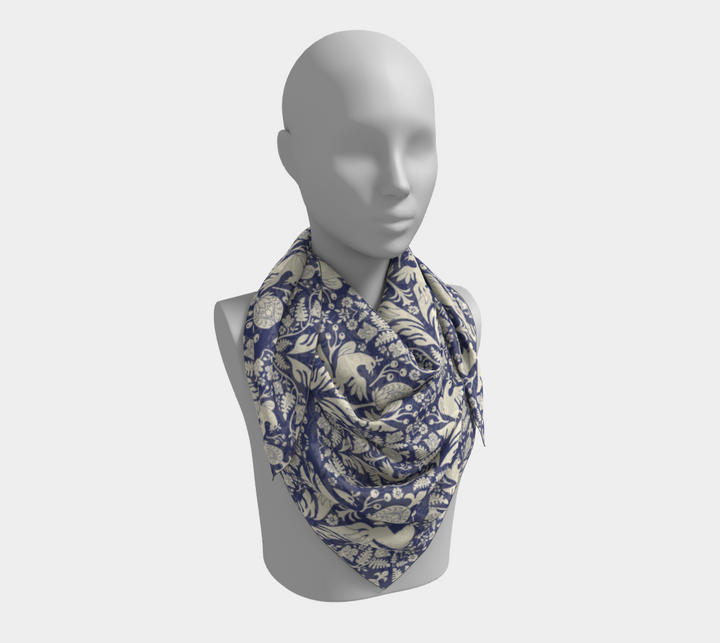 Aviary Damask Scarf - Folk-Inspired Bird and Floral Motif in Blue