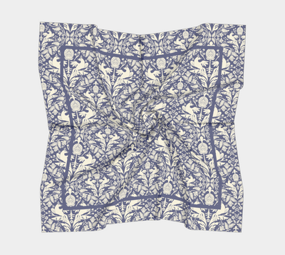 Aviary Damask Scarf - Folk-Inspired Bird and Floral Motif in Blue and Cream