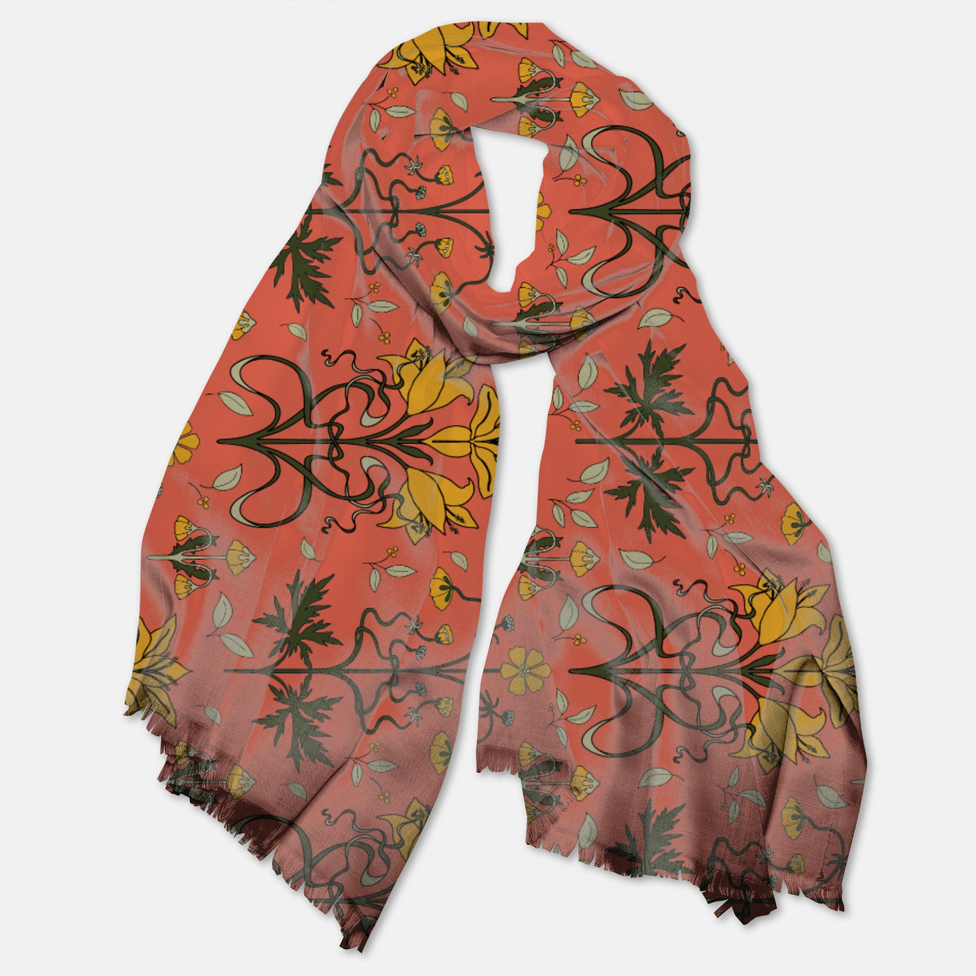Lilies & Buttercups in Coral Pashmina Scarf