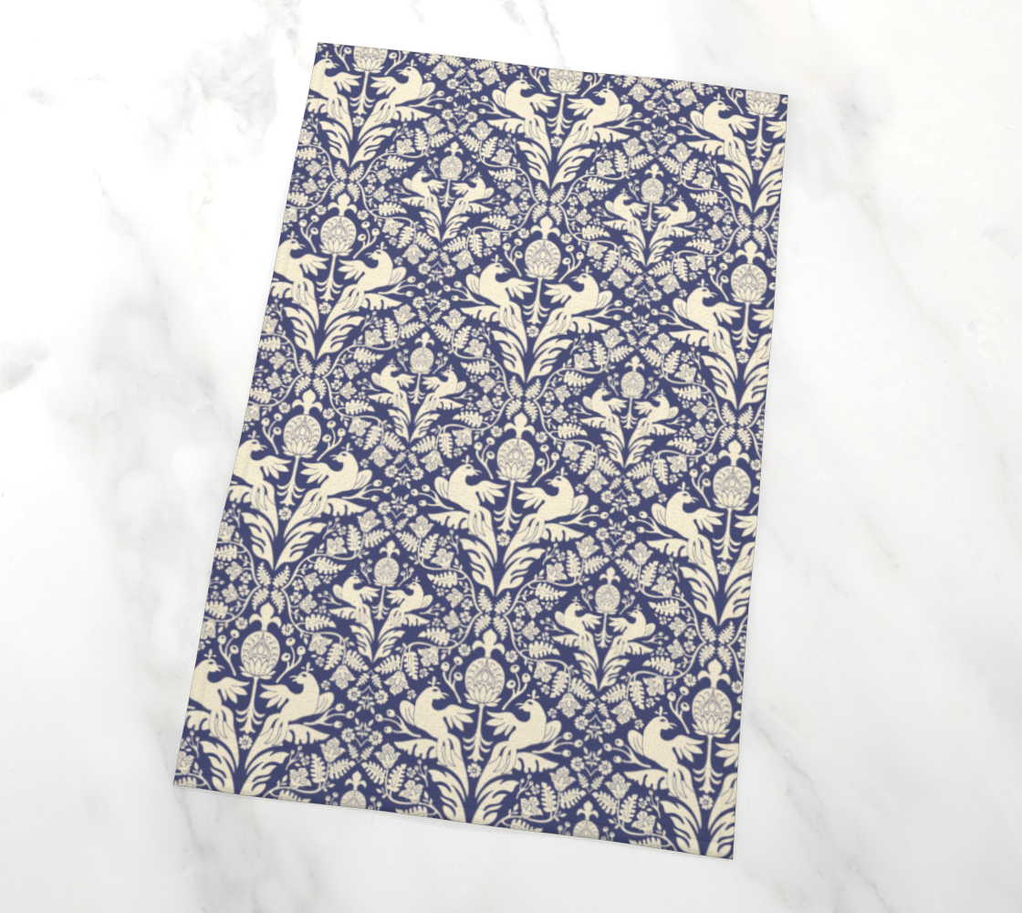 Tea Towel | Pomegranate and Dove Damask in Blue | Eco-Friendly | Vibrant, Fade Proof (17" x 26")