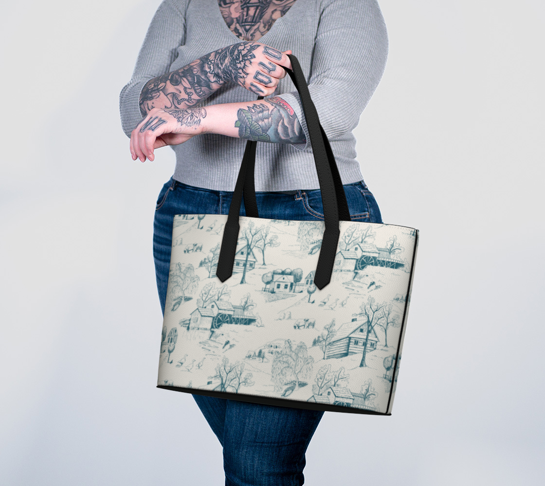 Rustic Toile in Blue Vegan Leather Tote