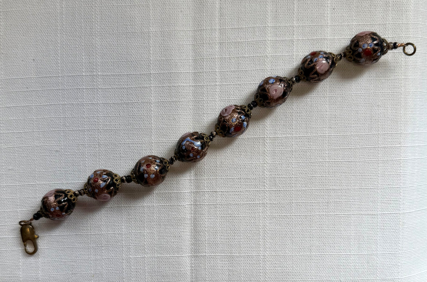 Vintage-Style Glass Bead Bracelet with Toggle Clasp & Metal Flourishes – Gold, Pink, Blue, Red & Black