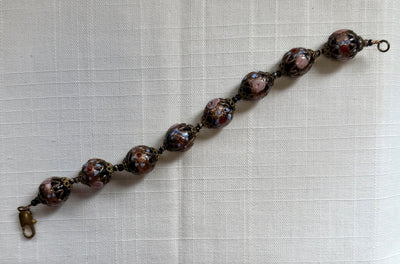 Vintage-Style Glass Bead Bracelet with Toggle Clasp & Metal Flourishes – Gold, Pink, Blue, Red & Black