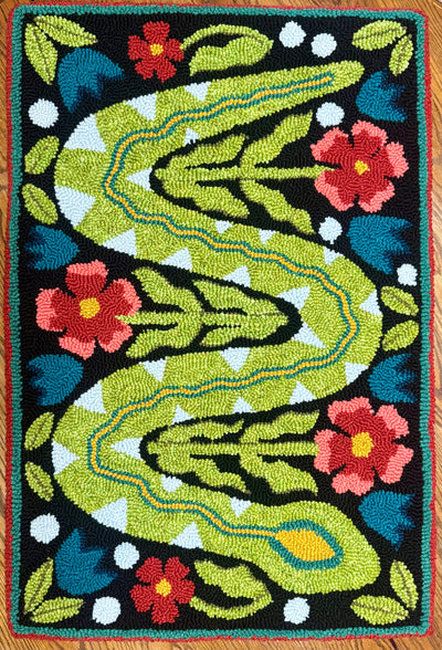 "Snake in the Garden" Custom Hand-Punched Wool Door Mat Rug – One-of-a-Kind Functional Art (3' x 2')