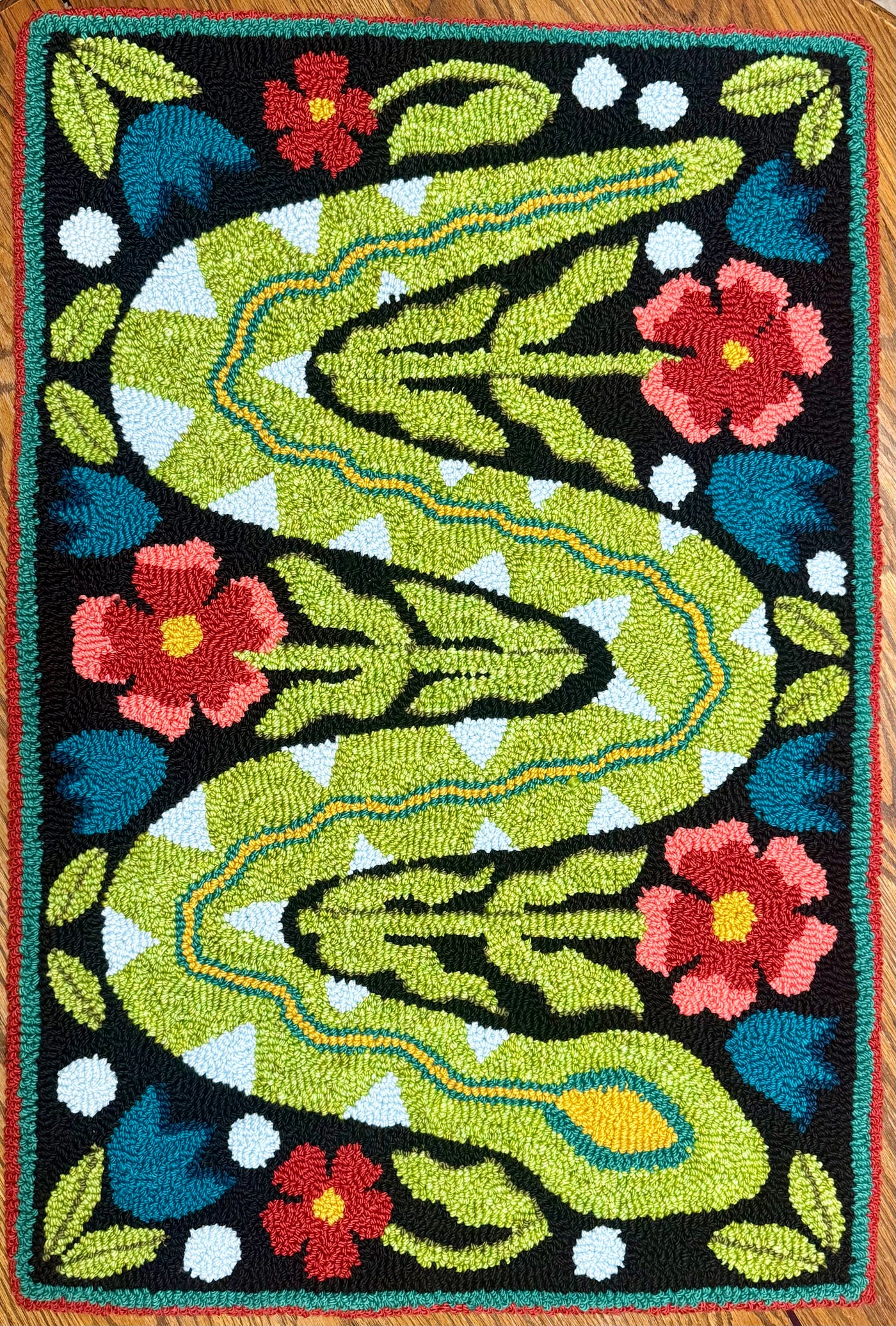 "Snake in the Garden" Custom Hand-Punched Wool Door Mat Rug – One-of-a-Kind Functional Art (3' x 2')