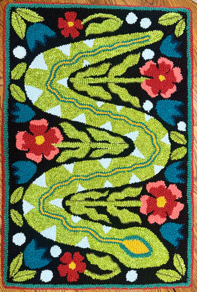 "Snake in the Garden" Custom Hand-Punched Wool Door Mat Rug – One-of-a-Kind Functional Art (3' x 2')