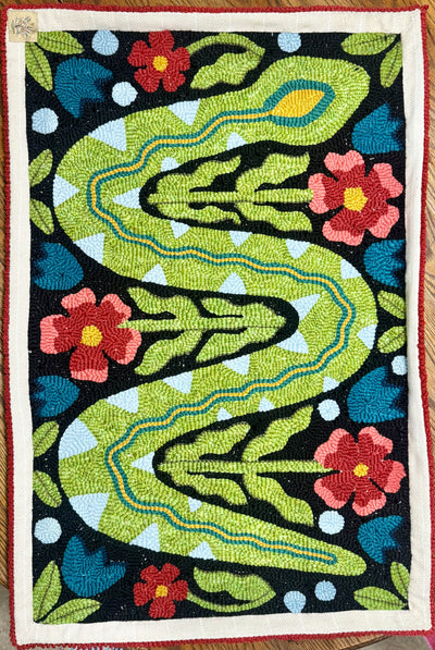 "Snake in the Garden" Custom Hand-Punched Wool Door Mat Rug – One-of-a-Kind Functional Art (3' x 2')