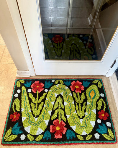 "Snake in the Garden" Custom Hand-Punched Wool Door Mat Rug – One-of-a-Kind Functional Art (3' x 2')
