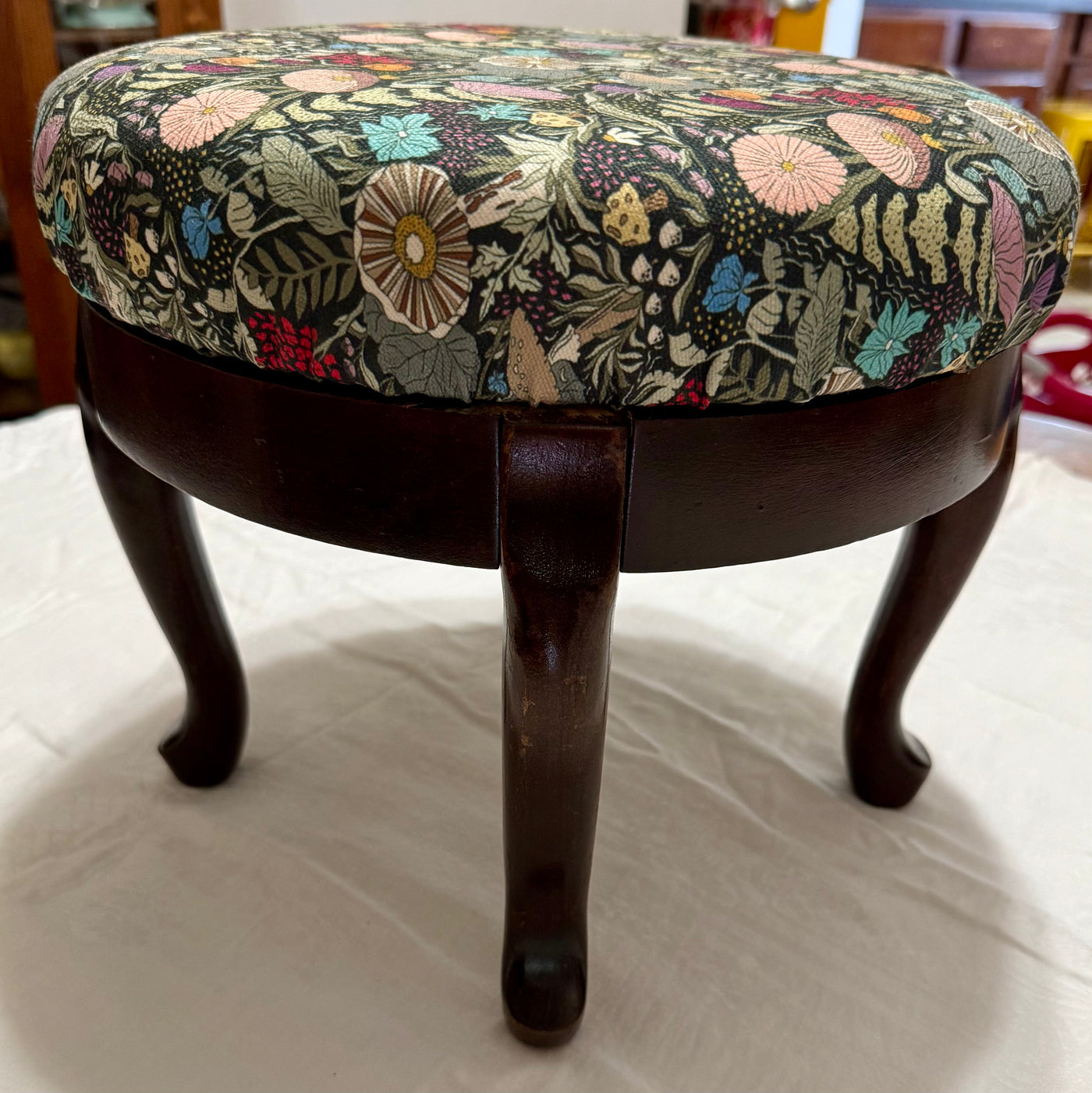 Forest Floor Reupholstered Foot Stool – Antique Hardwood Base, Performance Linen Cushion