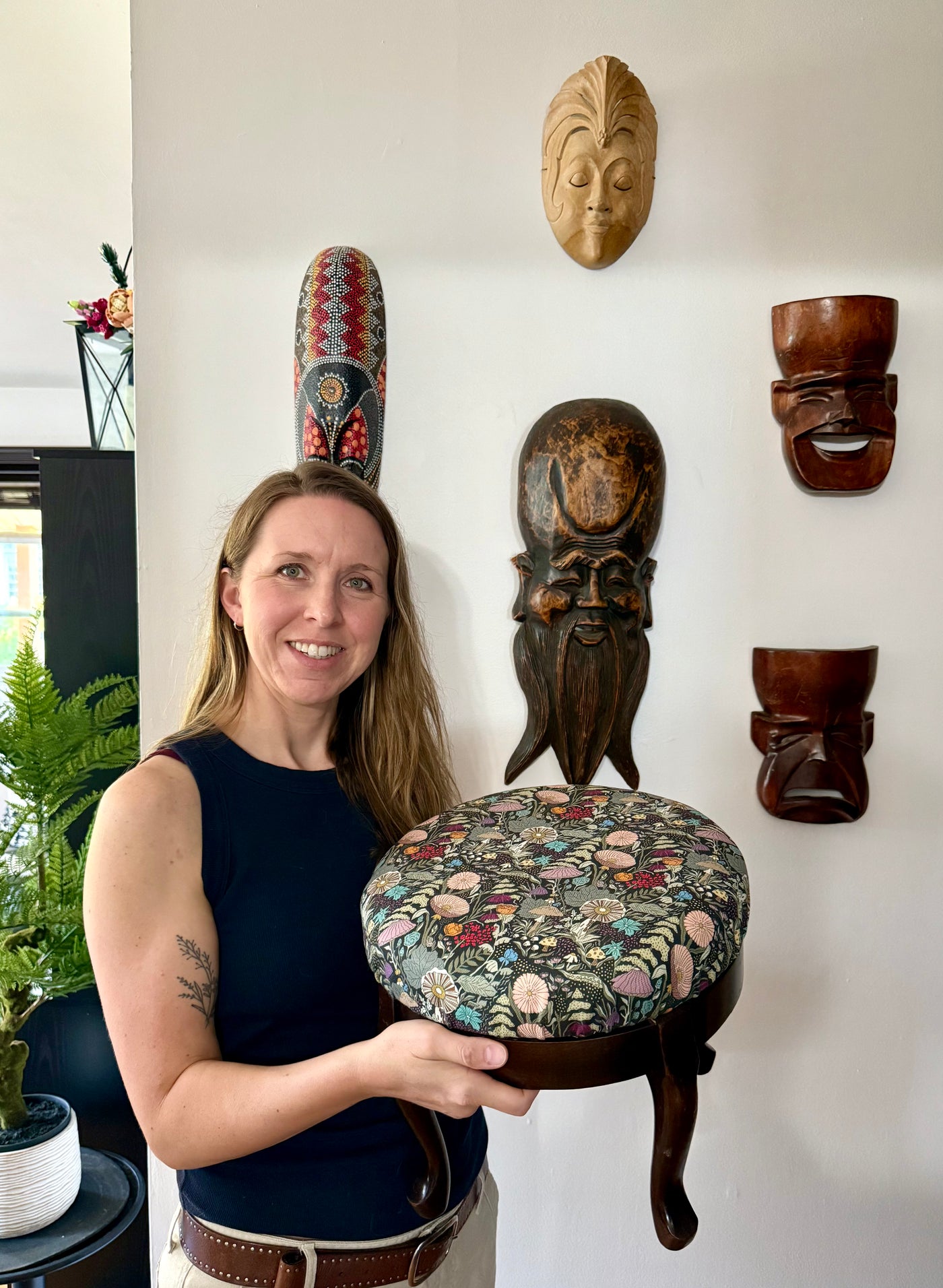 Forest Floor Reupholstered Foot Stool – Antique Hardwood Base, Performance Linen Cushion