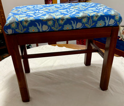 Eglantine Tangle Blue Upholstered Bench – Antique Dressing Table Base, Performance Linen Seat
