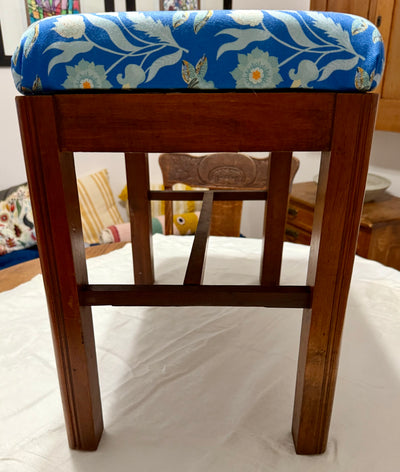 Eglantine Tangle Blue Upholstered Bench – Antique Dressing Table Base, Performance Linen Seat
