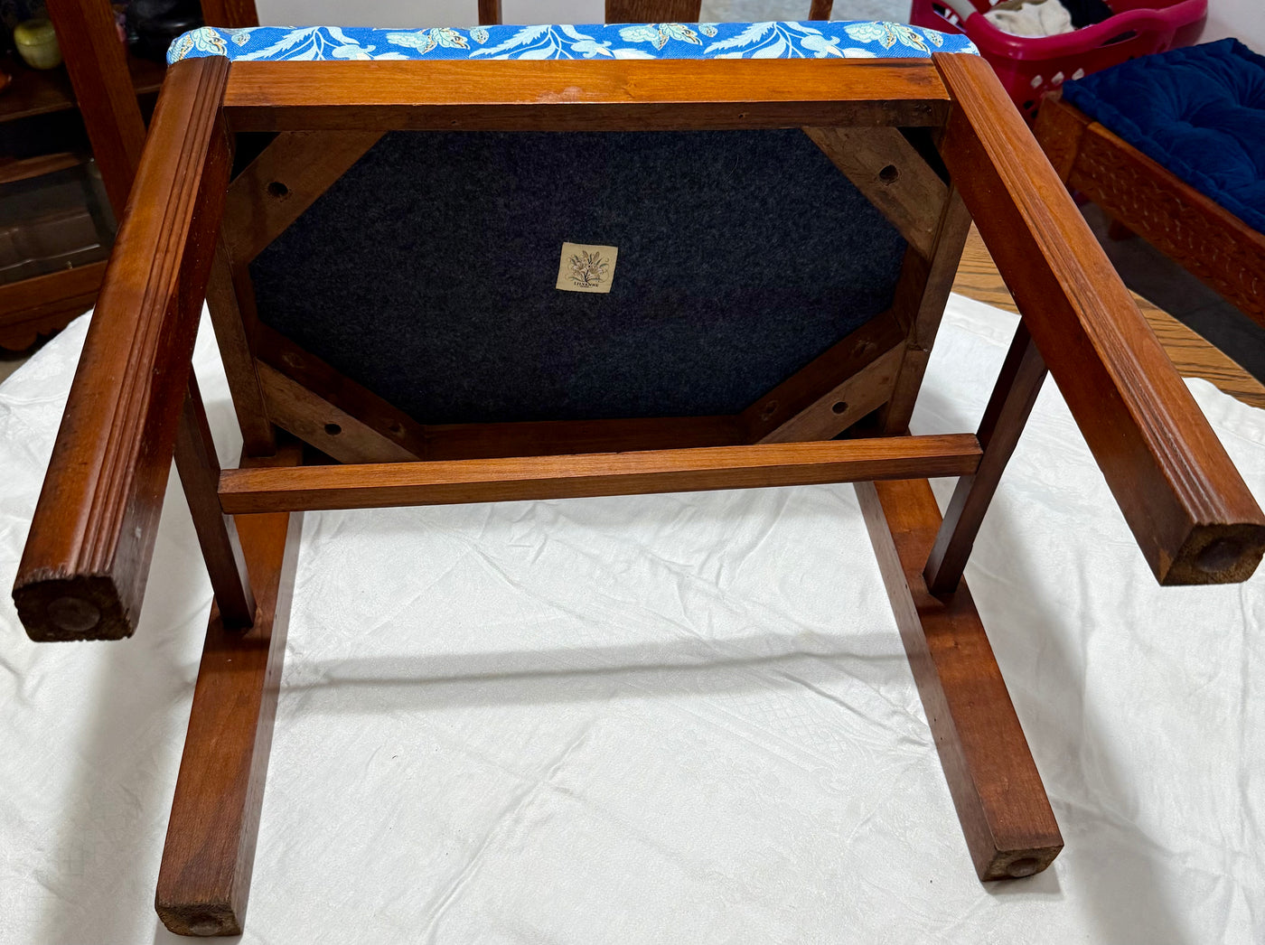 Eglantine Tangle Blue Upholstered Bench – Antique Dressing Table Base, Performance Linen Seat