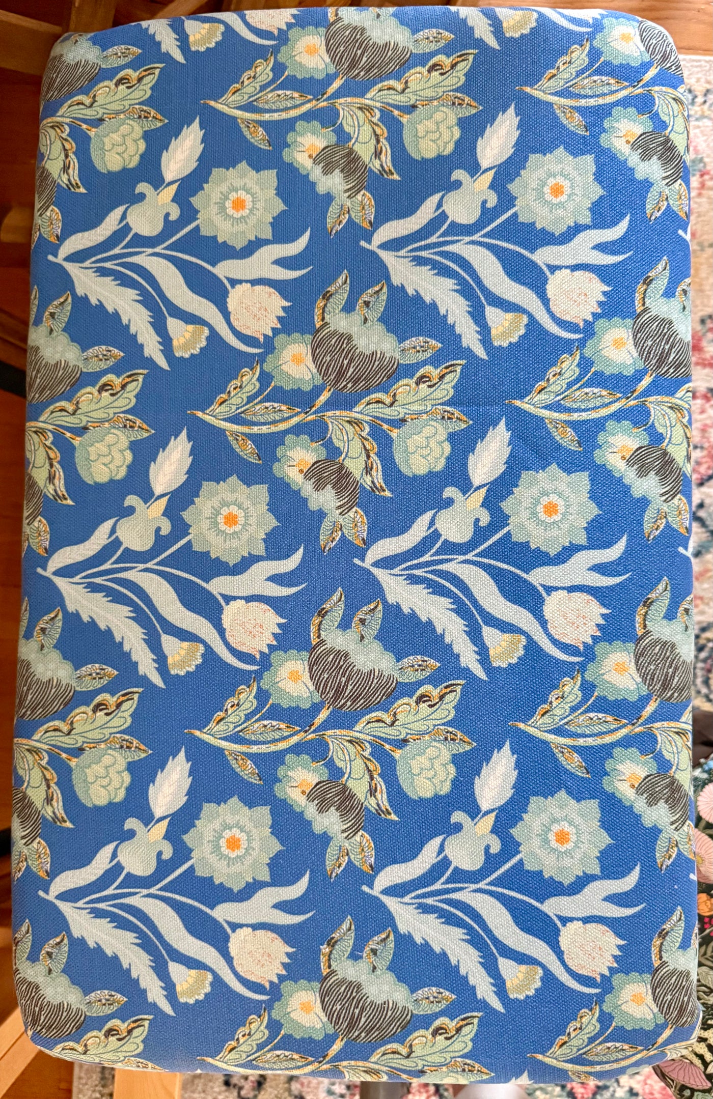 Eglantine Tangle Blue Upholstered Bench – Antique Dressing Table Base, Performance Linen Seat