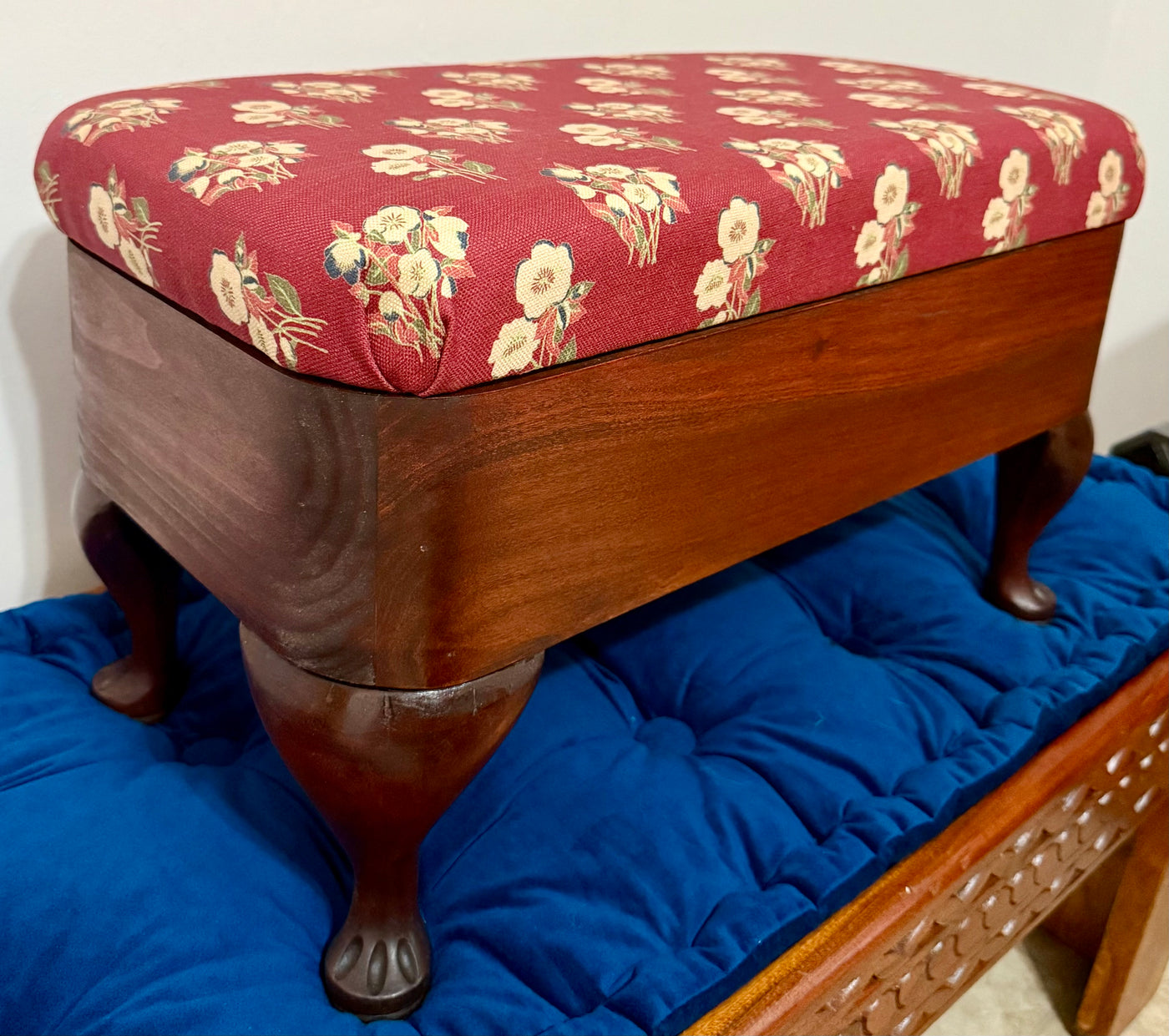 Handcrafted Upholstered Stool with Antique Legs – Nightshade Scatter Design