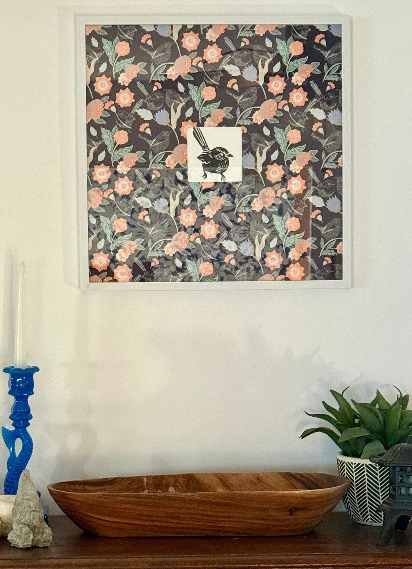 “Wren Among Blossoms” – Framed Mixed Media Art by Lilyanne Design