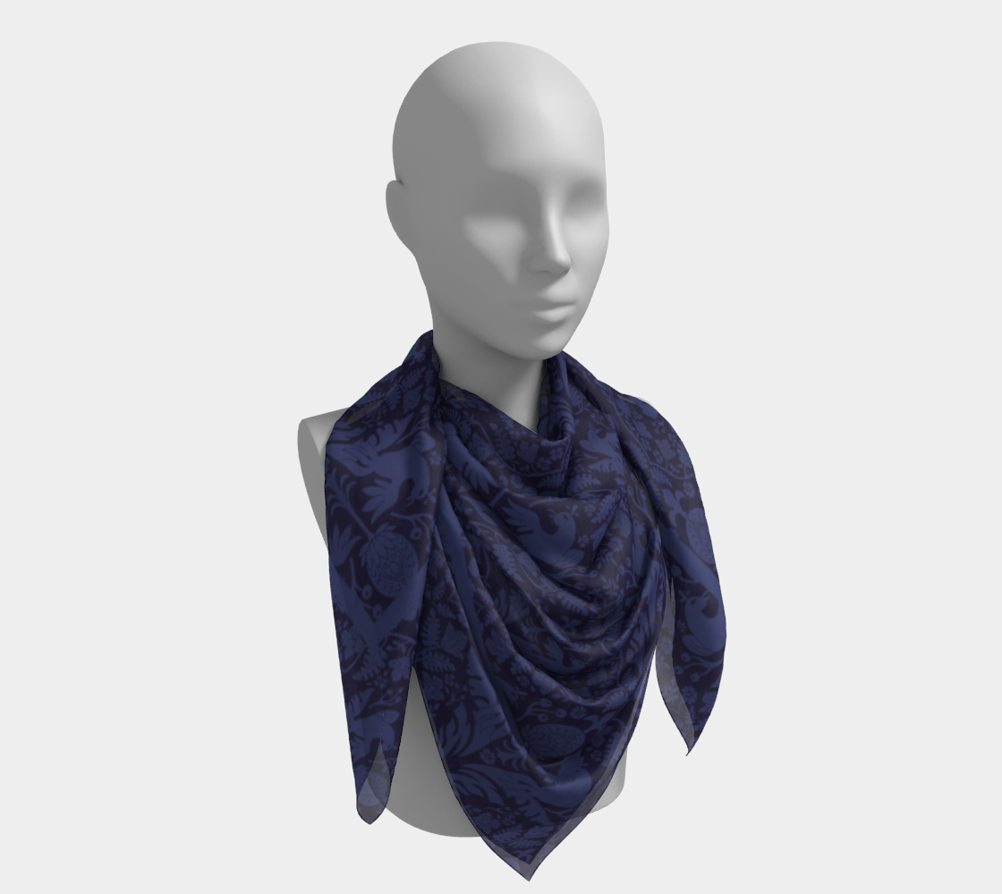 Aviary Damask Scarf - Folk-Inspired Bird and Floral Motif in Blue