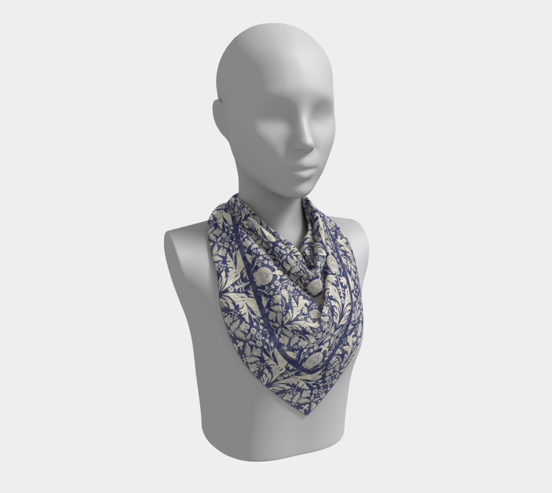 Aviary Damask Scarf - Folk-Inspired Bird and Floral Motif in Blue and Cream