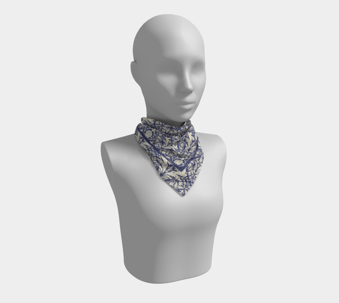 Aviary Damask Scarf - Folk-Inspired Bird and Floral Motif in Blue and Cream