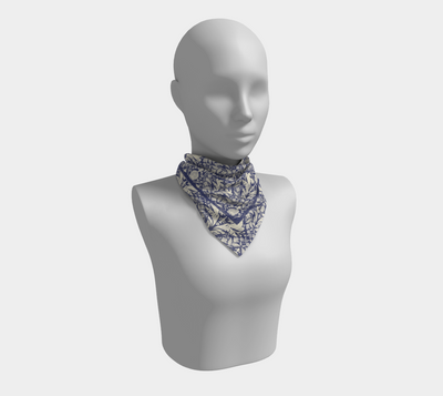 Aviary Damask Scarf - Folk-Inspired Bird and Floral Motif in Blue and Cream