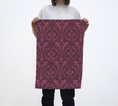Tea Towel | Pomegranate and Dove Damask in Purple | Eco-Friendly | Vibrant, Fade Proof (17" x 26")