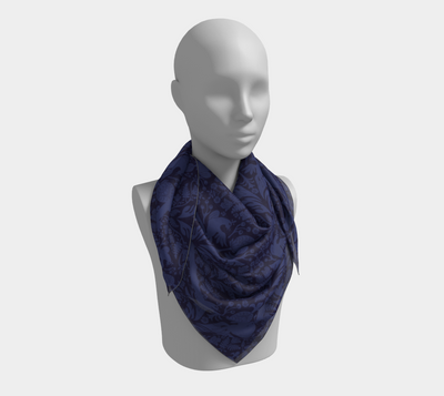 Aviary Damask Scarf - Folk-Inspired Bird and Floral Motif in Blue
