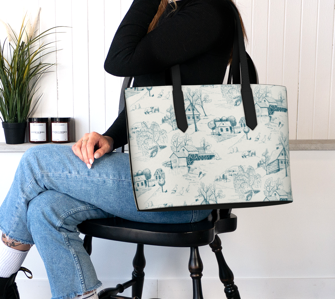 Rustic Toile in Blue Vegan Leather Tote