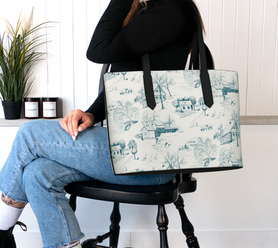 Rustic Toile in Blue Vegan Leather Tote
