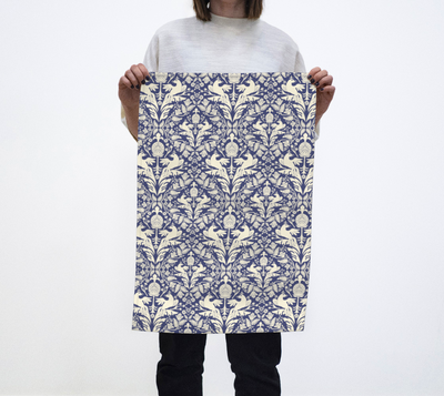 Tea Towel | Pomegranate and Dove Damask in Blue | Eco-Friendly | Vibrant, Fade Proof (17" x 26")